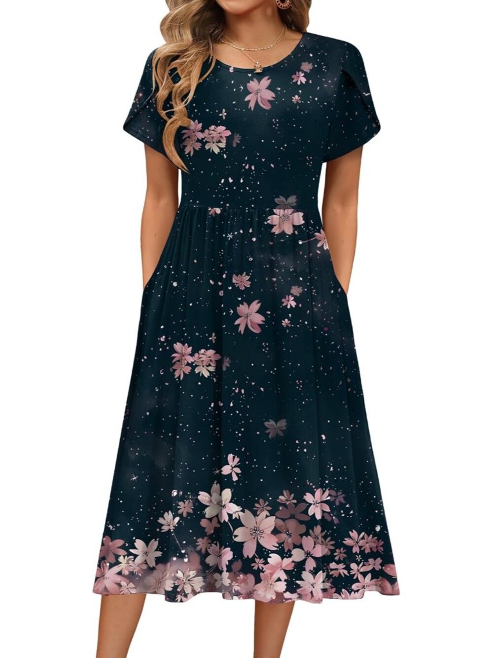 〽️Women's Pink Flower Short Sleeve Midi Dress A Line Summer Sundress with Pocket